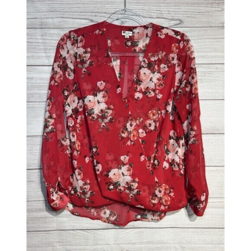 Kut From The Kloth Jenalee Top Red Floral Blouse Roll Tab Sleeve Size SMALL